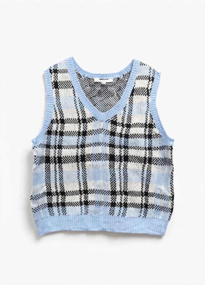 No Boundaries Light Blue Plaid Knit Sweater Vest (Juniors Size L 11-13)