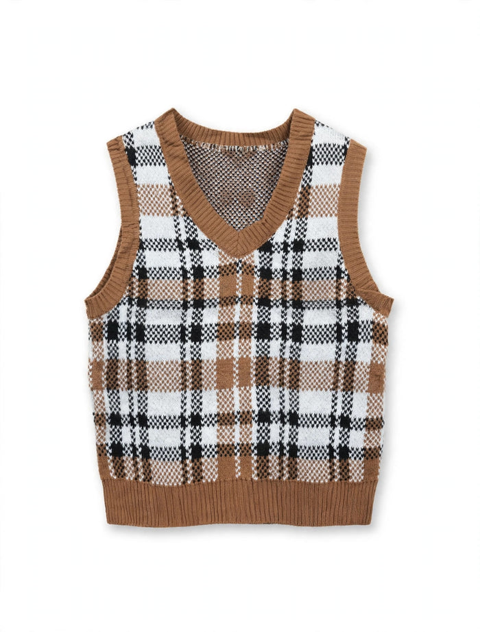 No Boundaries Brown Plaid Knit Sweater Vest (Size S)