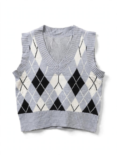 Ardene Grey Argyle Knit Sweater Vest (Size M)