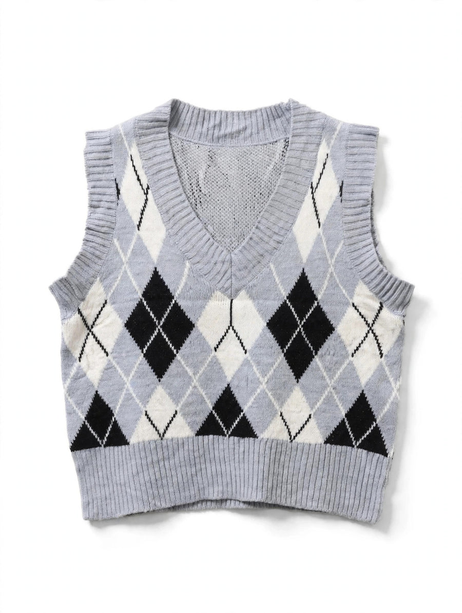 Ardene Grey Argyle Knit Sweater Vest (Size M)