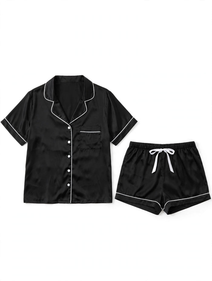 Women's Black Satin Night Suit with White Piping – Short Sleeve Shirt & Shorts Pajama Set