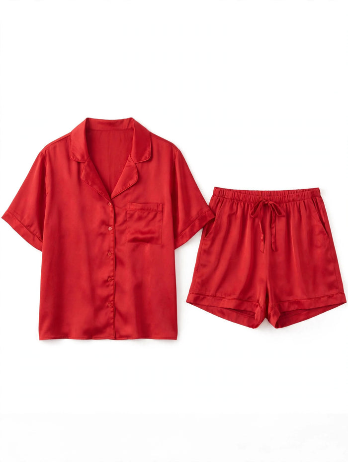 Women's Solid Red Satin Night Suit – Short Sleeve Shirt & Shorts Pajama Set