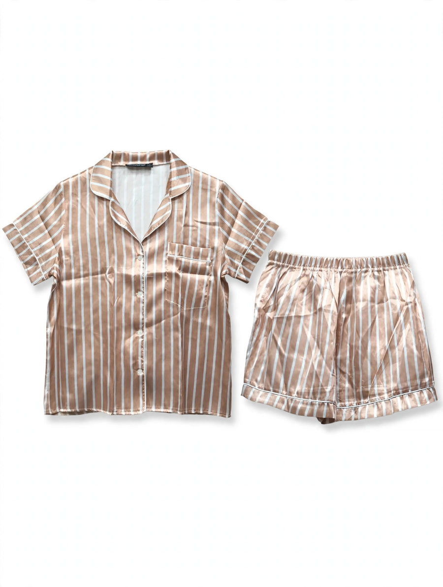 Champagne Satin Pyjama Set with White Stripes – Shirt & Shorts
